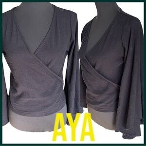 AYA Black Cotton Bat Wing Wrap Yoga Boho Festival Vacation Beach Top (XS/S)